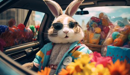 cool Easter bunny in sunglasses with his eggs sitting in the car. cartoon characterの素材