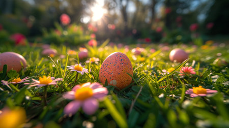 hunting Easter eggs in green grass against flower meadow. Space for text. Easter card.の素材