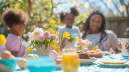 Happy mixed race family having tasty Easter breakfast or brunch outdoor in the garden.の素材