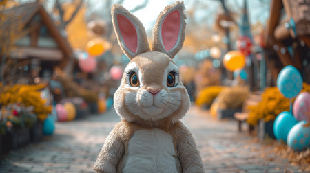Human in easter bunny costume mascot of Easter entertaining kids on Easter festival outdoors .の素材