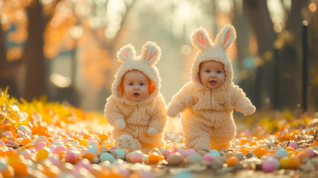 playful scene of cute babies dressed as bunnies costumes which running for Easter eggs. hunt Easter eggs.の素材