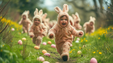 playful scene of kids dressed as bunnies costumes which running for Easter eggs. hunt Easter eggs.の素材