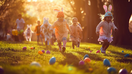 playful scene of kids dressed as bunnies costumes which running for Easter eggs. hunt Easter eggs.の素材
