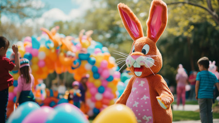 Human in easter bunny costume mascot of Easter entertaining kids on Easter festival outdoors .の素材