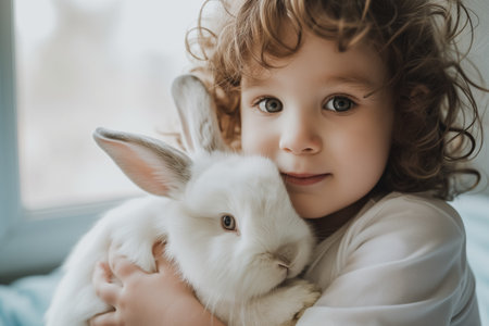 cute child boy holds and hugs fluffy rabbit in arms at home. Easter card. domestic animals. Easter bunny.の素材