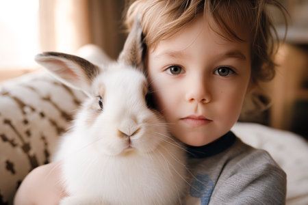 cute little boy holds and hugs fluffy rabbit in arms at home. Easter card. domestic animals. Easter bunny.の素材