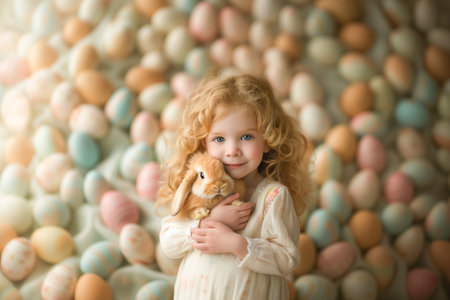 cute little girl holds and hugs fluffy rabbit in arms on Easter decor background. domestic animals. Easter bunnyの素材