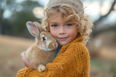 cute little boy holds and hugs fluffy rabbit in arms outdoor. Easter card. domestic animals. Easter bunny.の素材