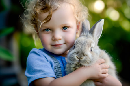 cute little boy holds and hugs fluffy rabbit in arms outdoor. Easter card. domestic animals. Easter bunny.の素材