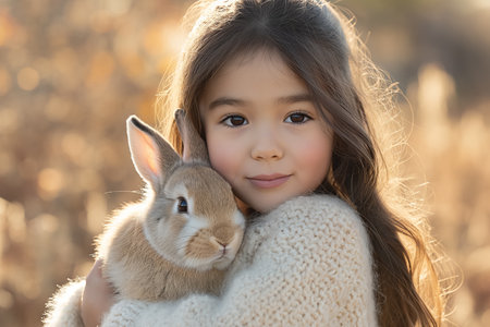 cute Chinese little girl holds and hugs fluffy rabbit in arms outdoor. Easter card. domestic animals. Easter bunny.の素材