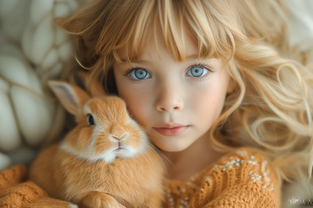 cute little girl holds and hugs fluffy rabbit in arms at home. Easter card. domestic animals. Easter bunny.の素材