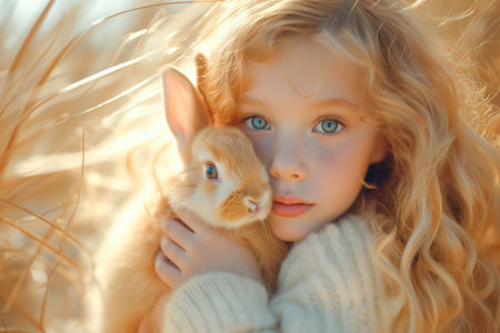 cute little girl holds and hugs fluffy rabbit in arms outdoor. Easter card. domestic animals. Easter bunny.の素材