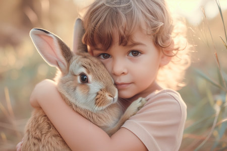 cute little girl holds and hugs fluffy rabbit in arms outdoor. Easter card. domestic animals. Easter bunny.の素材