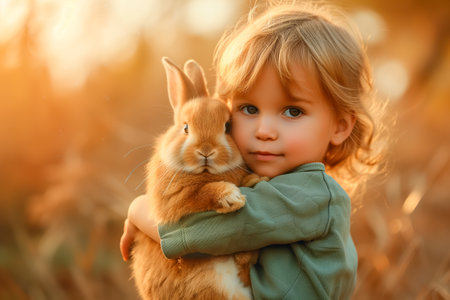 cute little boy holds and hugs fluffy rabbit in arms outdoor. Easter card. domestic animals. Easter bunny.の素材