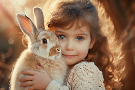 cute little girl holds and hugs fluffy rabbit in arms outdoor. Easter card. domestic animals. Easter bunny.の素材
