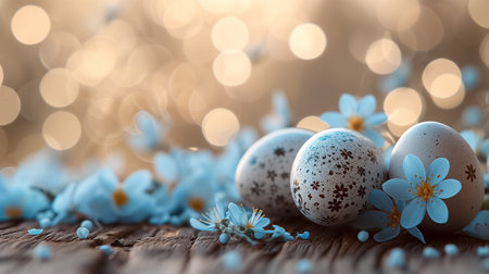 Easter greeting card with painted pastel colors Easter eggs on wood with flowers on blurred background. space for textの素材
