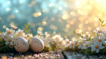 Easter greeting card with painted pastel colors Easter eggs on wood with flowers on blurred background. space for textの素材
