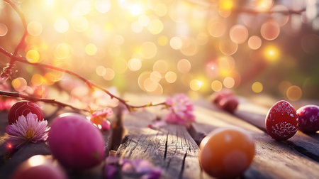 Easter greeting card with painted Easter eggs on wood with flowers on blurred background. space for textの素材