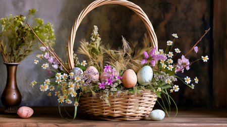 Wicker basket with Easter eggs and spring flowers indoor. Space for text. Easter card.の素材