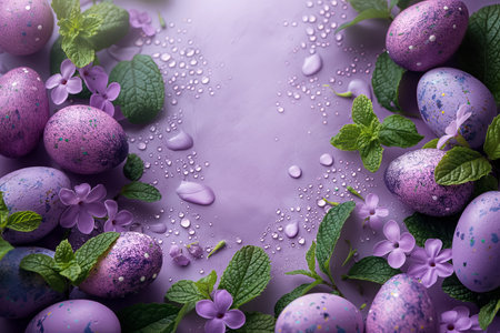 corner border of Colorful Easter Eggs over a pastel lavender banner background. Copy space, top view, Easter template bannerの素材