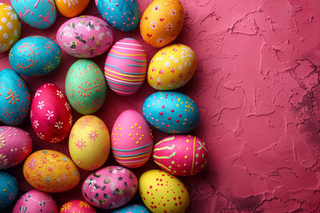 Colorful Easter Egg side border over pink banner background. Copy space. top view. Easter template bannerの素材