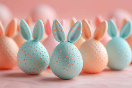 creative Easter eggs with bunny ears on soft pink background. Ideas of Easter decor Easter eggs. Happy Easter. Easter card, Easter background. Generative Aiの素材