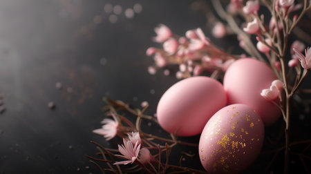 Easter card with Glossy soft pink painted eggs with golden decor and flowers branches on dark background. space for textの素材
