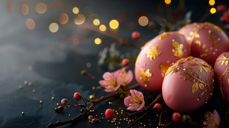 Easter card with Glossy soft pink painted eggs with golden decor and flowers branches on dark background. space for textの素材