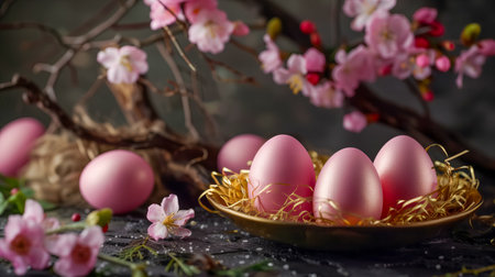 Easter card with Glossy soft pink painted eggs with golden decor and flowers branches on dark background. space for textの素材
