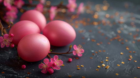 Easter card with Glossy soft pink painted eggs with golden decor and flowers branches on dark background. space for textの素材