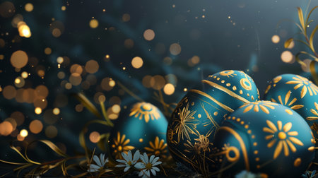 Easter card with Glossy blue painted eggs with golden decor and branches on dark background. space for textの素材