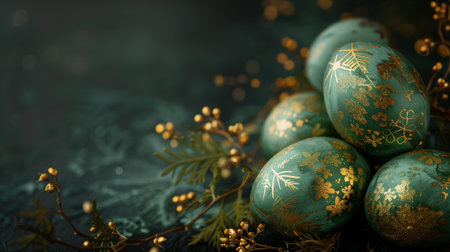 Easter card with Glossy soft pink painted eggs with golden decor and flowers branches on dark background. space for textの素材