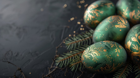 Easter card. flat lay glossy green Easter eggs with golden decoration and floral branches on dark background. space for text. flat layの素材