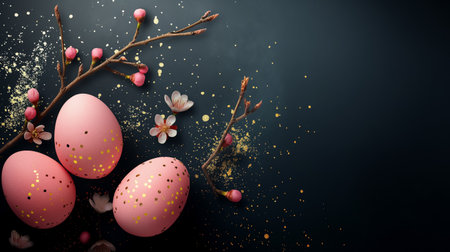 Easter card. flat lay pink Easter eggs with golden decoration and floral branches on black background. space for text. flat layの素材
