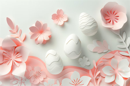 paper cut easter background. hand made easter composition with easter eggs and flowers from paper in soft pink and white colorsの素材