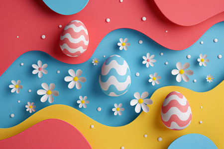 paper cut Easter background. hand made multicolored Easter composition with Easter eggs and flowers from paperの素材