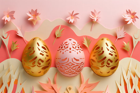 paper cut easter background. hand made easter composition with easter eggs and flowers from paper in soft pink and golden colorsの素材