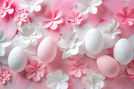paper cut easter background. hand made easter composition with easter eggs and flowers from paper in soft pink and white colorsの素材