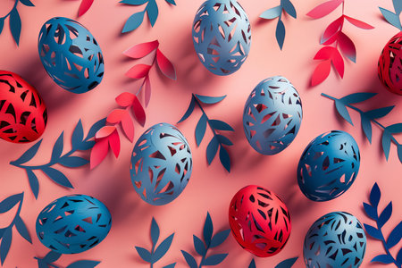 paper cut easter background. hand made easter composition with easter eggs and flowers from paper in blue and red colorsの素材