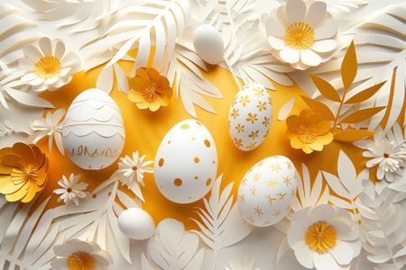 paper cut easter background. hand made easter composition with easter eggs and flowers from paper in yellow and white colorsの素材