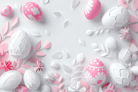 paper cut easter background. hand made easter composition with easter eggs and flowers from paper in soft pink and white colorsの素材