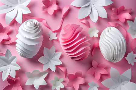 paper cut easter background. hand made easter composition with easter eggs and flowers from paper in soft pink and white colorsの素材