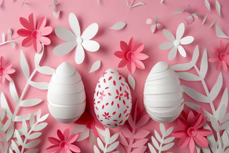 paper cut easter background. hand made easter composition with easter eggs and flowers from paper in soft pink and white colorsの素材