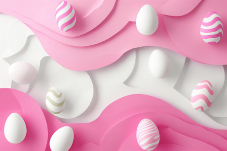 paper cut easter background. hand made easter composition with paper in pink and white colors.の素材