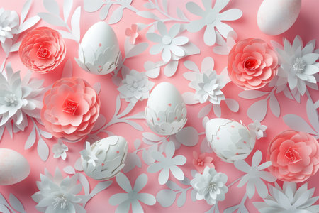 paper cut easter background. hand made easter composition with easter eggs and flowers from paper in soft pink and white colorsの素材
