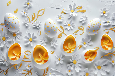 paper cut easter background. hand made easter composition with easter eggs and flowers from paper in yellow and white colorsの素材
