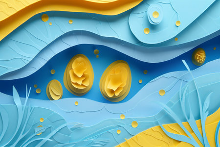 paper cut Easter background. hand made Easter composition with paper in blue and yellow colors.の素材