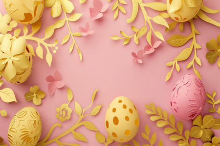 paper cut easter background. hand made easter composition with easter eggs and flowers from paper in soft pink and golden colorsの素材
