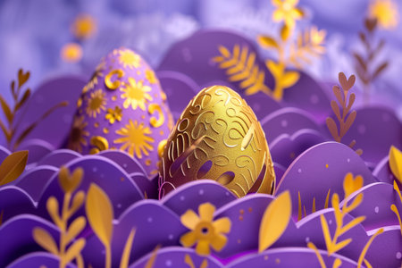 paper cut easter background. hand made easter composition with easter eggs and flowers from paper in lavender and golden colorsの素材