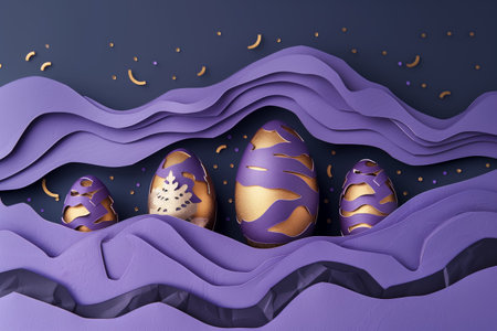 paper cut easter background. hand made easter composition from purple and gold paper.の素材